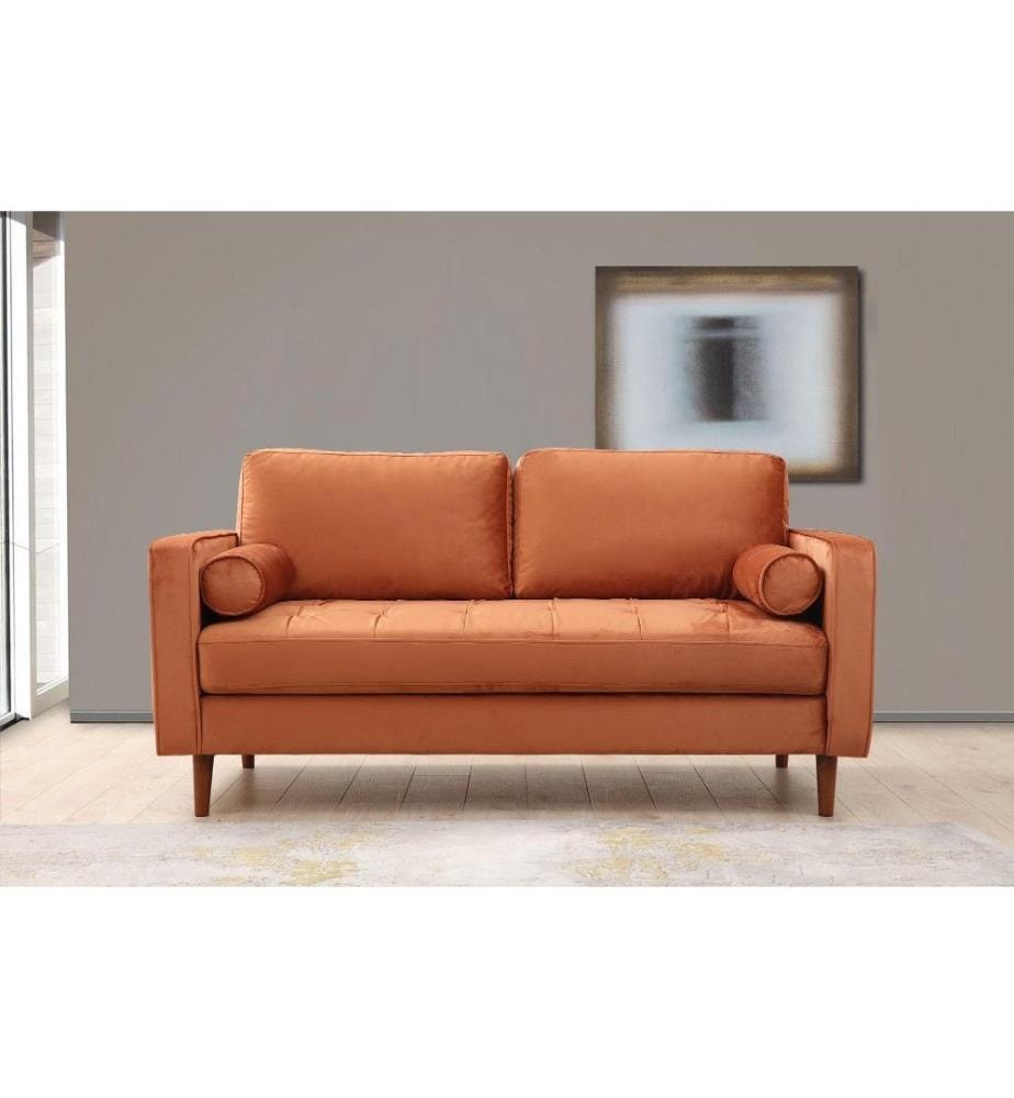 Canapé 2 places, orange, bois de hêtre - cadre en aggloméré, tissu polyester