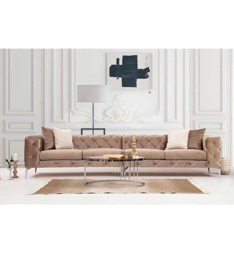 Canapé 4 places, Dark Cream, structure en bois de hêtre - aggloméré, tissu polyester