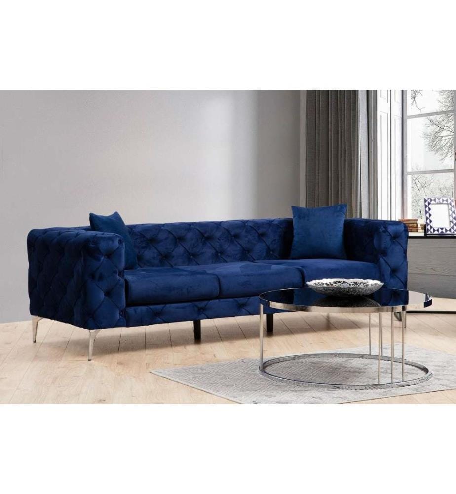 Canapé 3 places, bleu marine, cadre en hêtre - aggloméré, tissu polyester