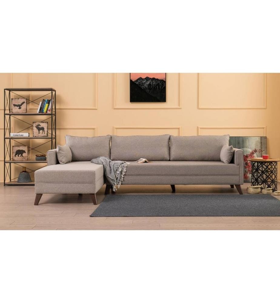 Canapé d'angle, crème, cadre en bois - MDF, tissu polyester