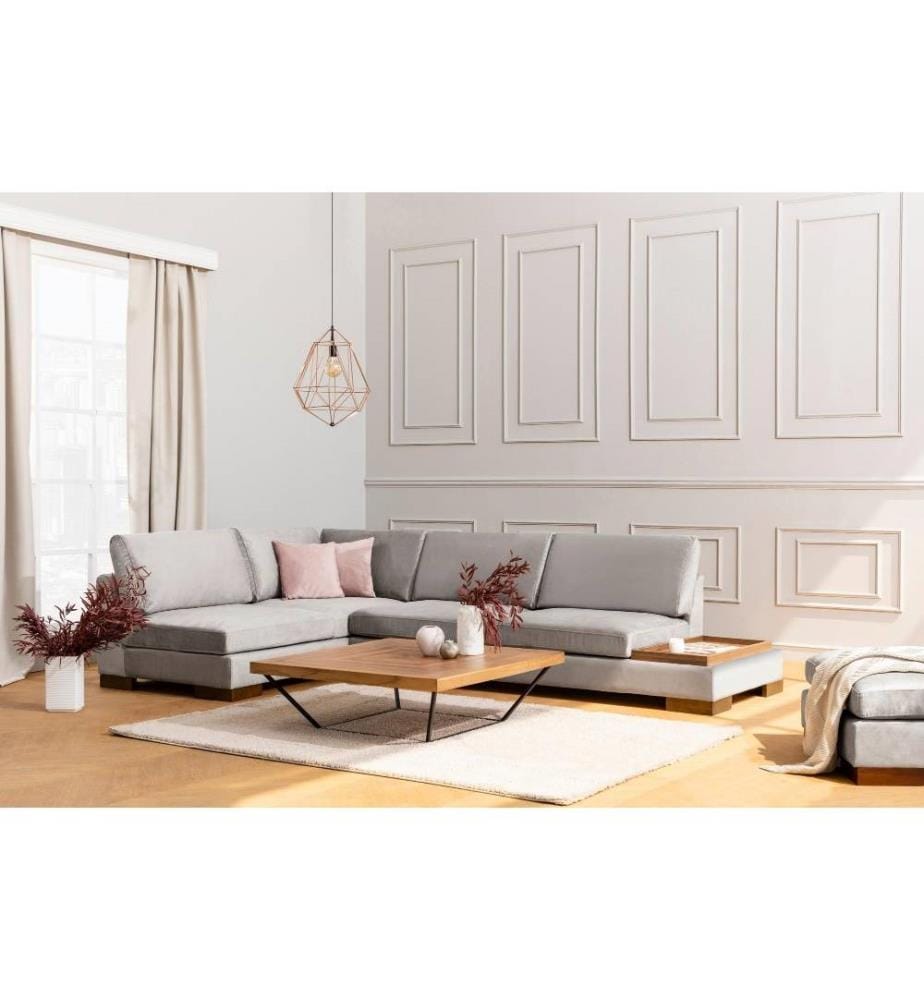 Canapé d'angle, gris clair, cadre en bois de hêtre - aggloméré, tissu polyester