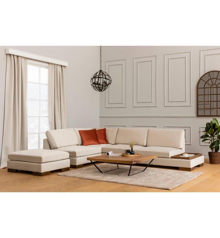 Canapé d'angle, beige, cadre en hêtre - aggloméré, tissu polyester