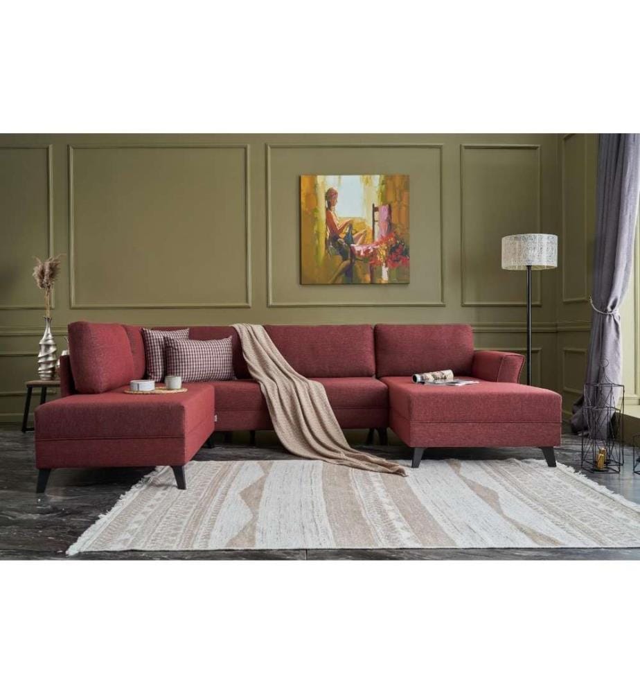 Canapé-lit d'angle, rouge bordeaux, cadre en bois de sapin, tissu 50 % polyester - 50 % lin