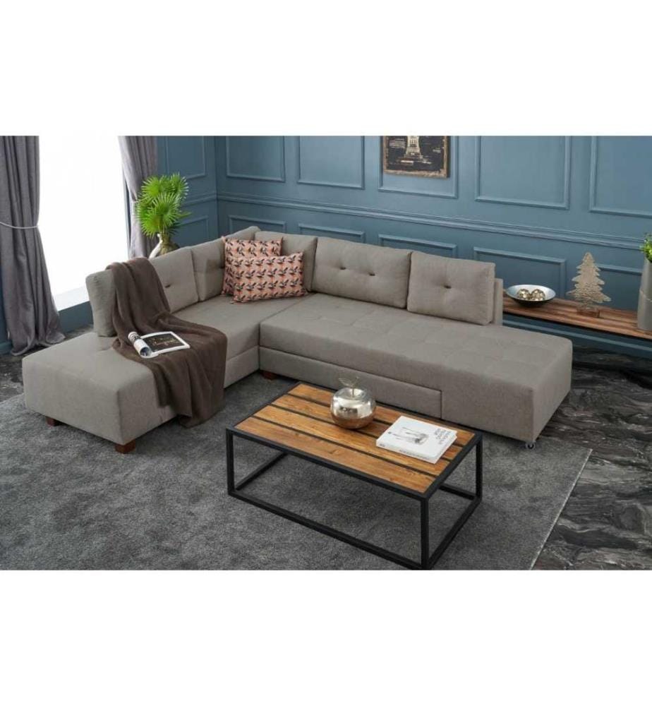 Canapé-lit d'angle, crème, cadre en bois - panneaux de fibres, tissu polyester