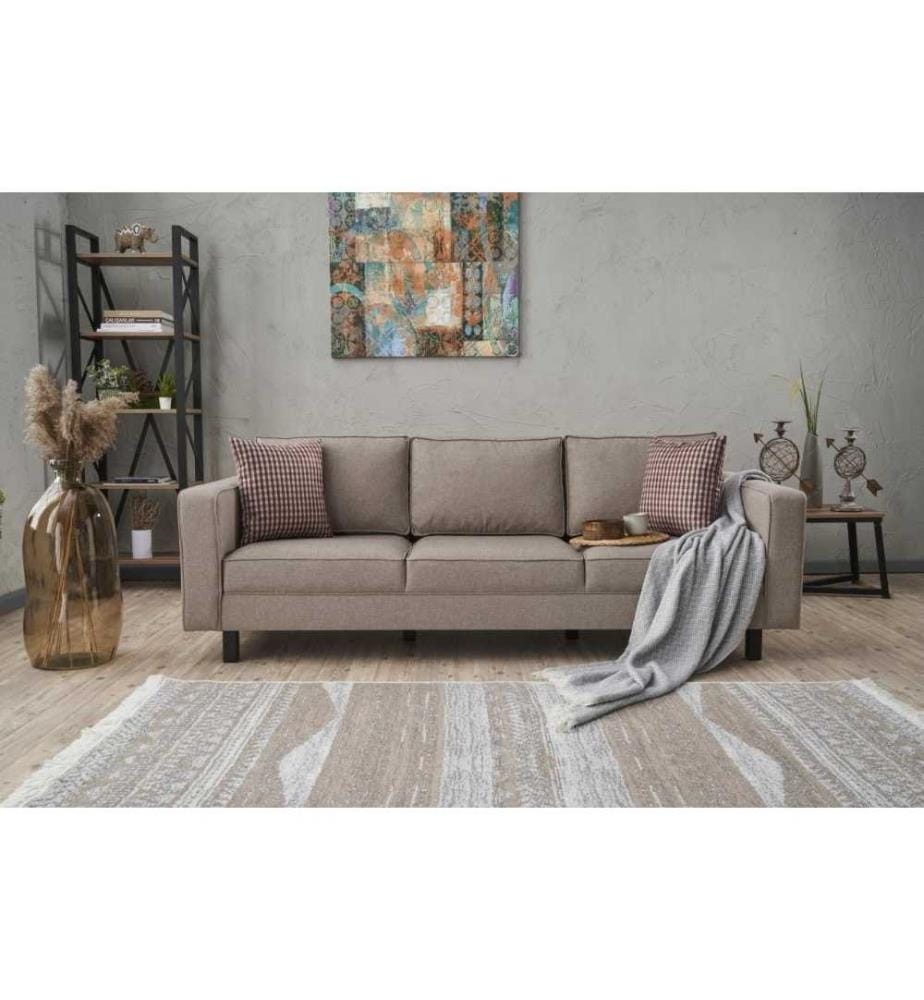 Canapé 3 places, crème, structure en bois de hêtre, polyester - tissu de lin