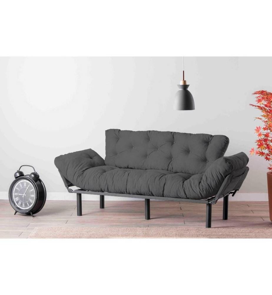 Canapé-lit 3 places, gris, structure métallique, tissu polyester
