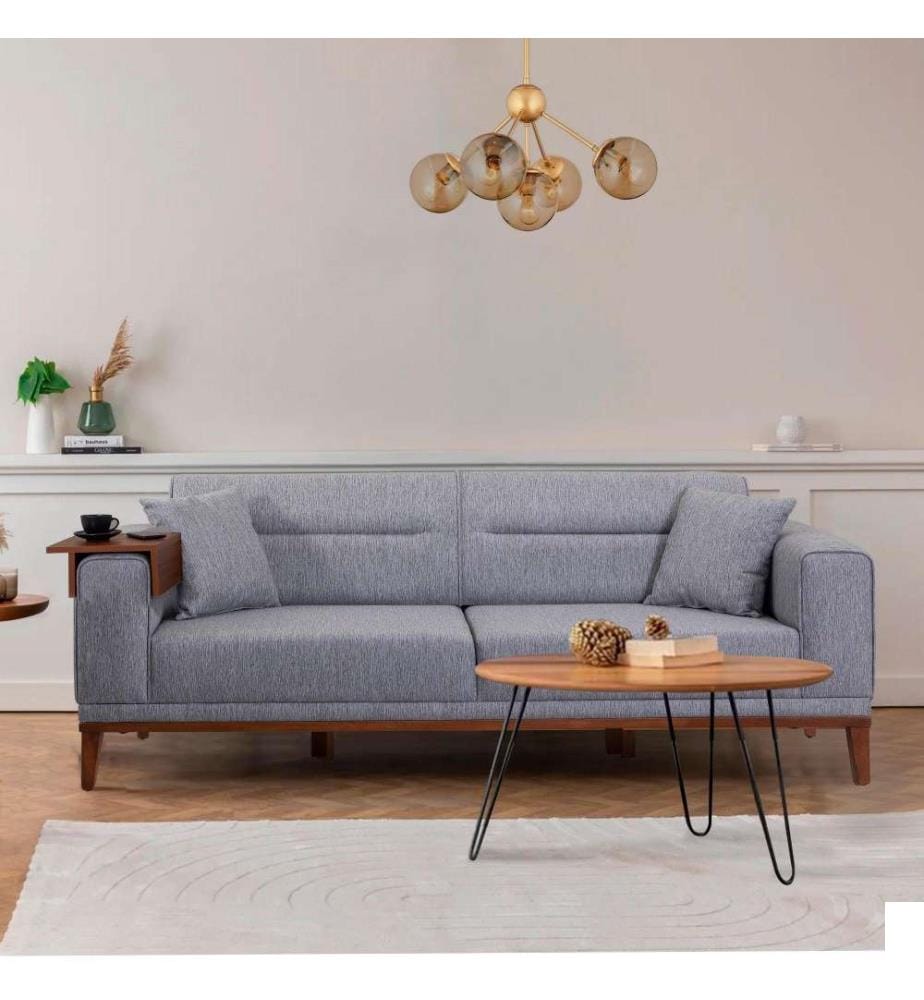 Canapé-lit 3 places, gris, cadre en bois de charme, tissu polyester