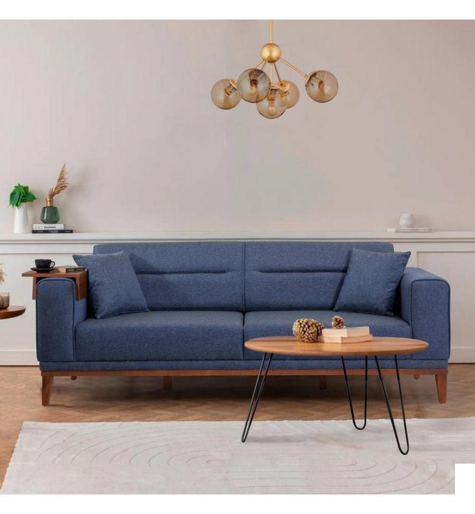 Canapé-lit 3 places, bleu foncé, cadre en bois de charme, tissu polyester