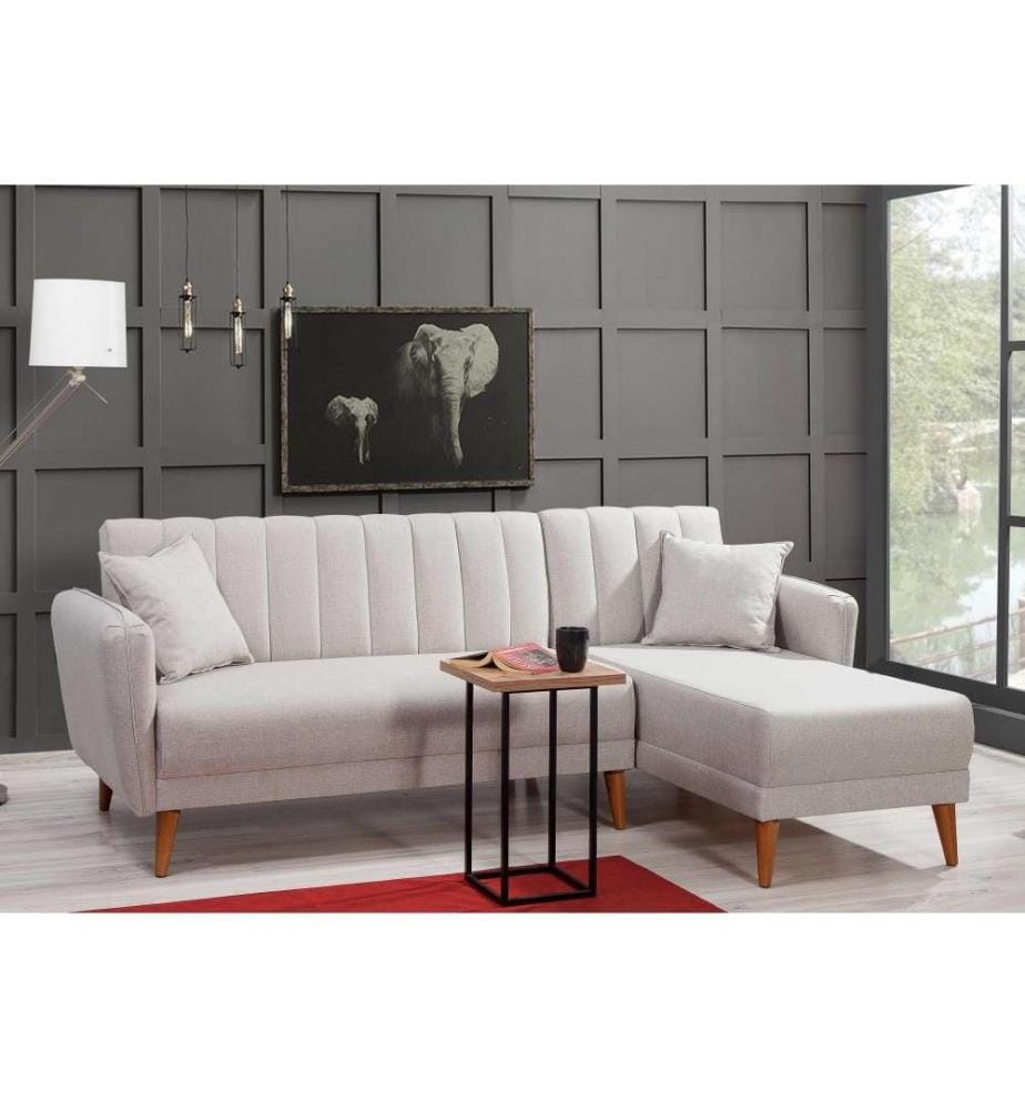 Canapé-lit d'angle, Cream, Hornbeam Wood - Metal Frame, Linen Fabric