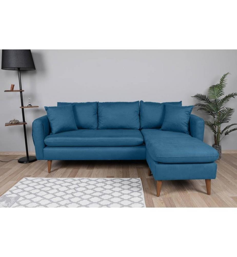 Canapé d'angle, bleu foncé, structure en bois de pin, tissu en tricot