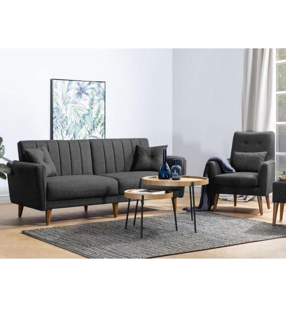 Ensemble canapé-lit, anthracite, cadre en bois de charme, tissu lin