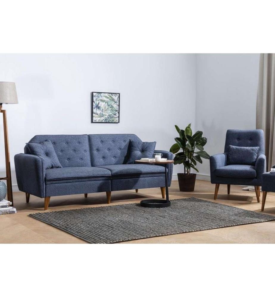 Ensemble canapé-lit, bleu foncé, cadre en bois de charme, tissu de lin