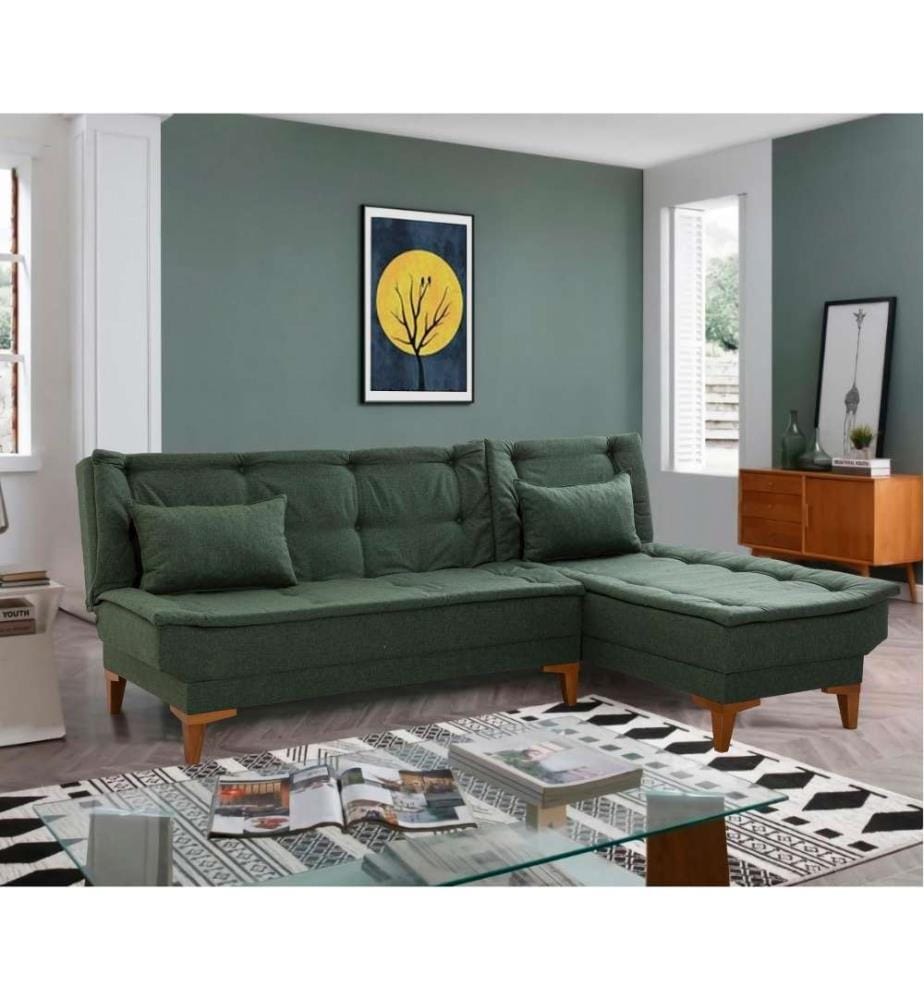 Canapé-lit d'angle, vert, cadre en bois de hêtre, tissu polyuréthane - acrylique