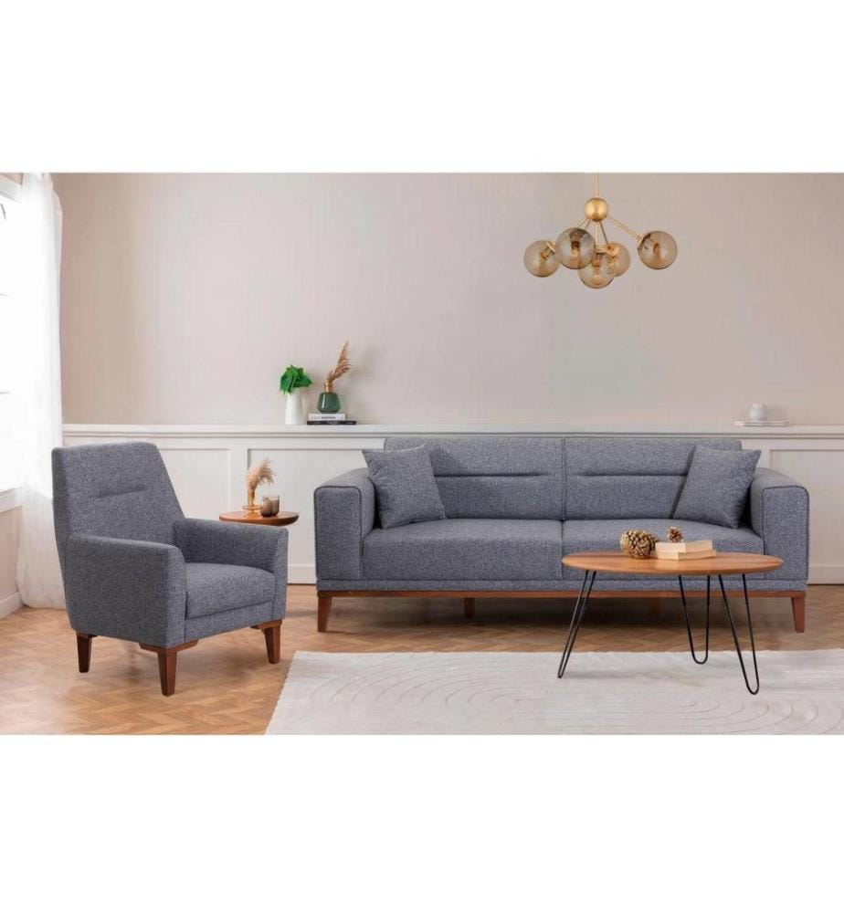 Ensemble canapé-lit, gris foncé, cadre en bois de charme, tissu polyester