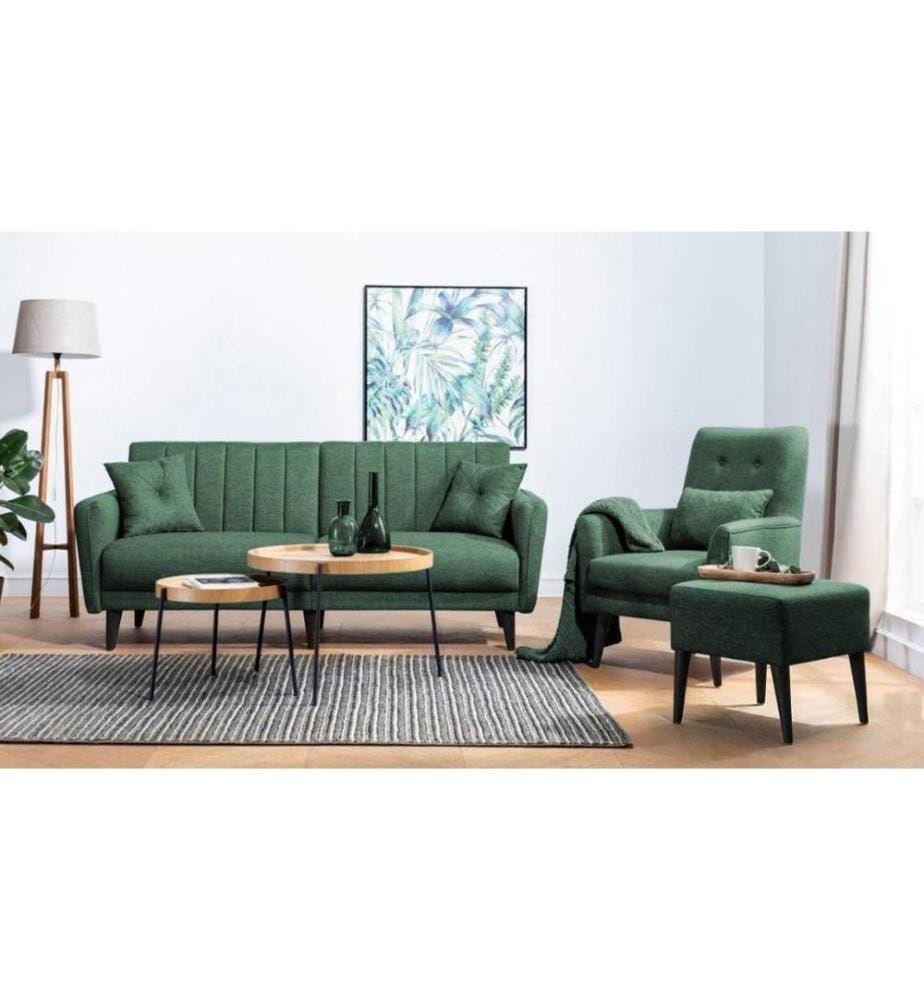 Ensemble canapé-lit, vert, cadre en bois de charme, tissu polyester
