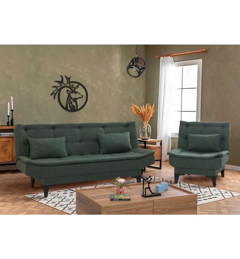 Ensemble canapé-lit, vert, cadre en bois de charme, tissu polyester