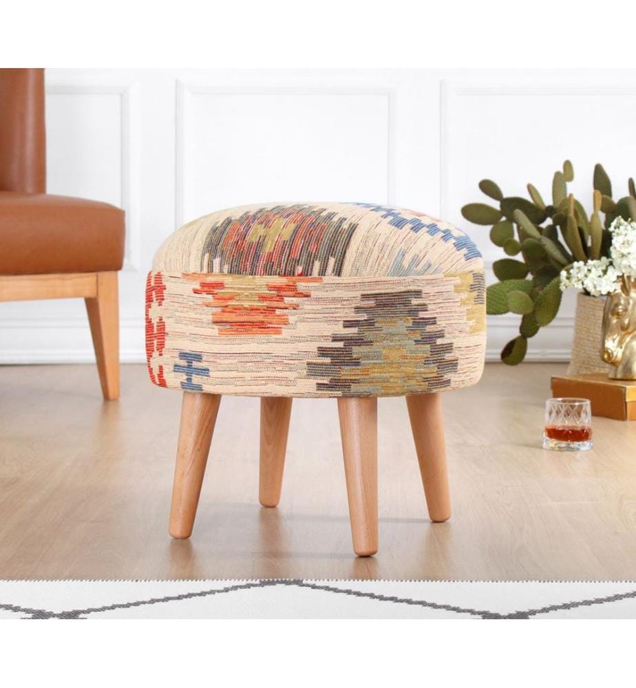 Pouf, crème, 50 % COTON / 50 % LIN, pieds en bois