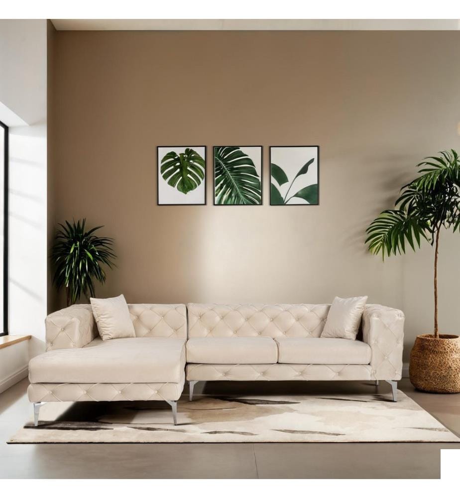 Canapé d'angle, beige, structure : BOIS DE HÊTRE / AGRAGÉ, tissu : 100 % POLYESTER, pieds en métal