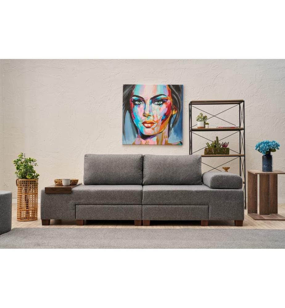 Canapé-lit 3 places, gris, structure : BOIS, tissu : 100 % LIN, pieds en plastique