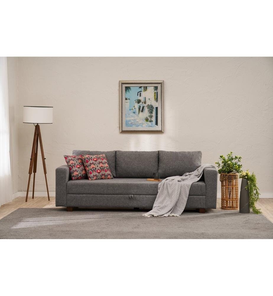 Canapé-lit 3 places, gris, structure : BOIS / MDF / PANNEAUX DE PARTICULES, tissu : 100 % POLYESTER, pieds en plastique