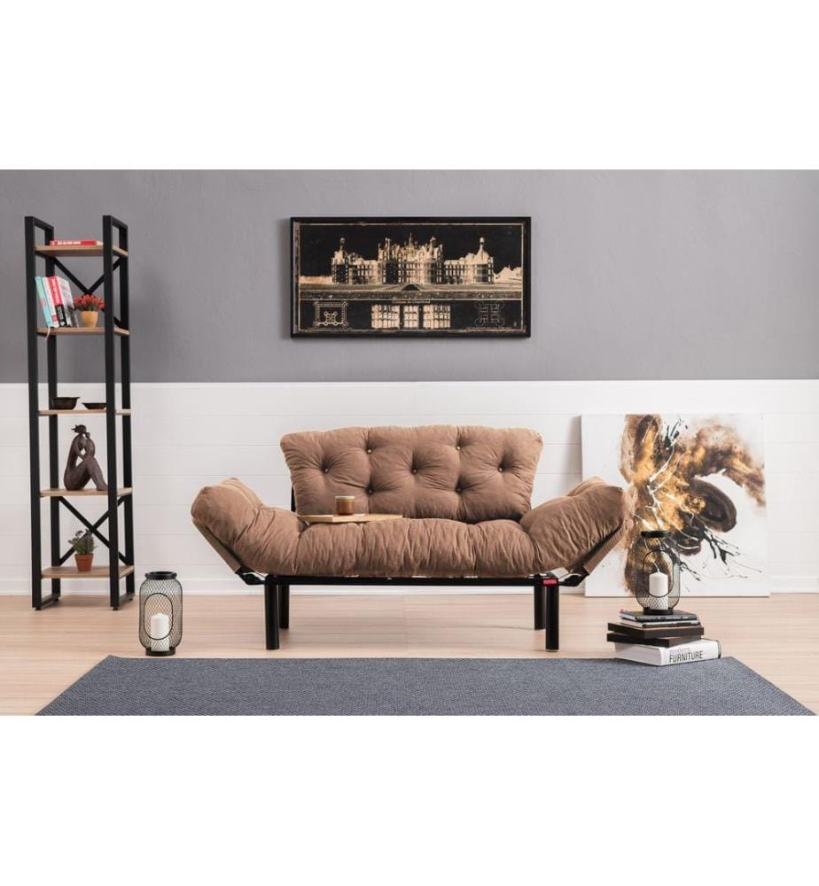 Canapé-lit 2 places, marron clair, structure : 100 % MÉTAL, tissu : 100 % MICROFIBRE, pieds en plastique