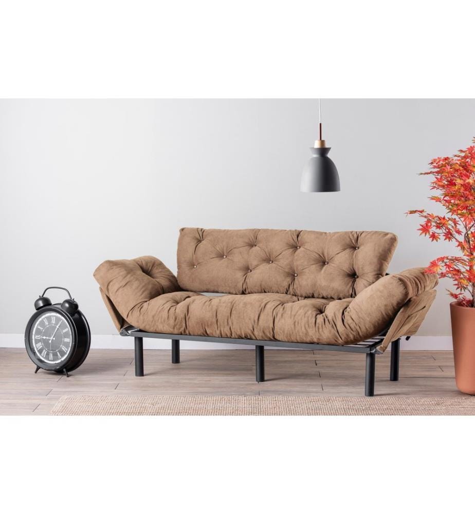Canapé-lit 3 places, marron clair, structure : 100 % MÉTAL, tissu : POLYESTER, pieds en plastique