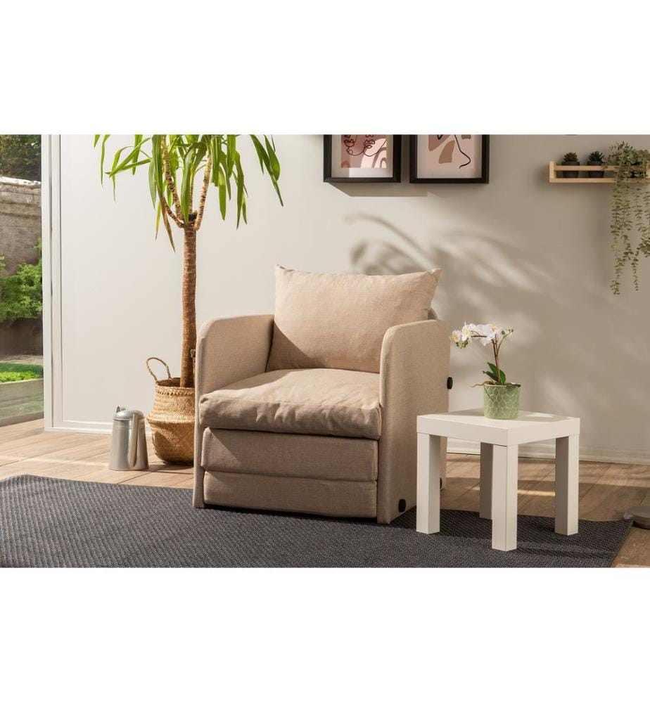 Canapé-lit 1 place, beige, structure : 100 % MÉTAL, tissu : TISSU LIN, pieds en métal