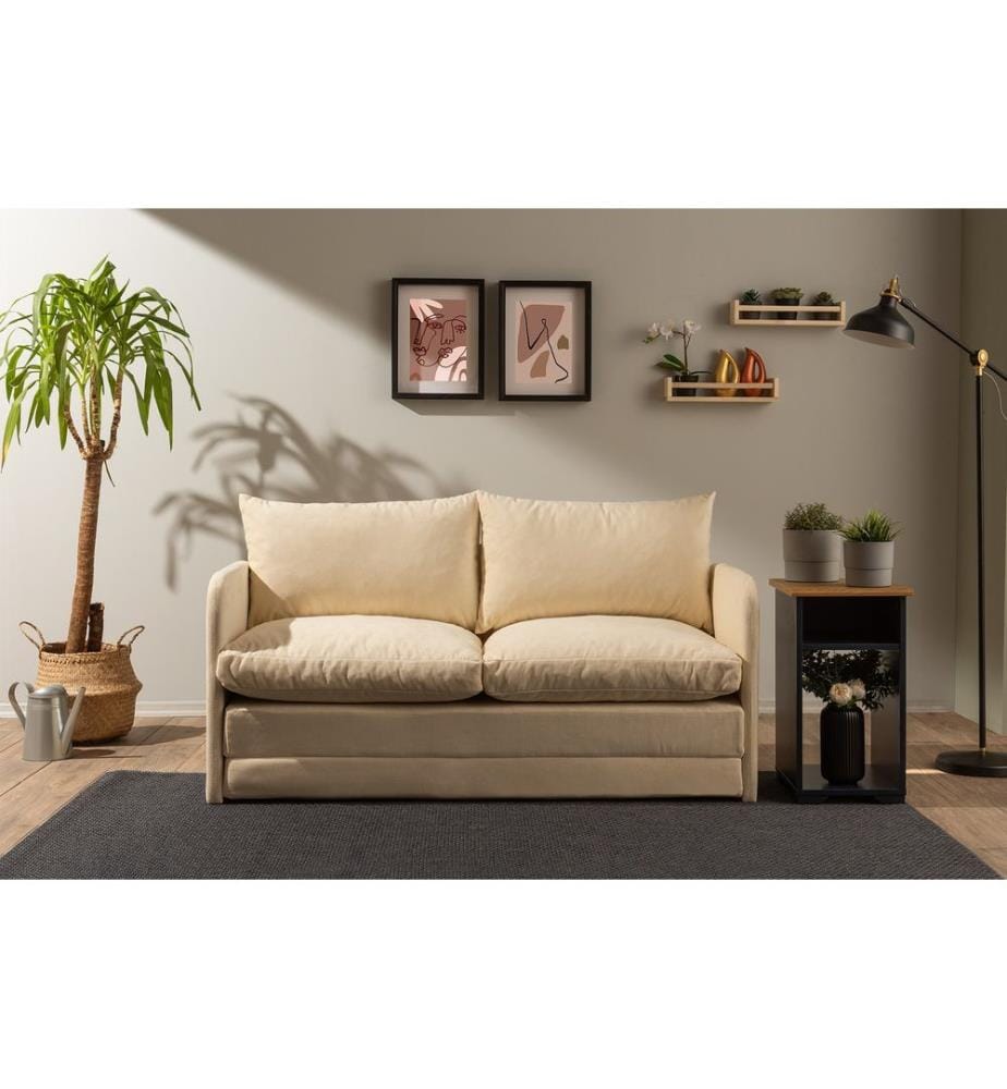 Canapé-lit 2 places, crème, structure : 100 % MÉTAL, tissu : 100 % POLYESTER, pieds en métal