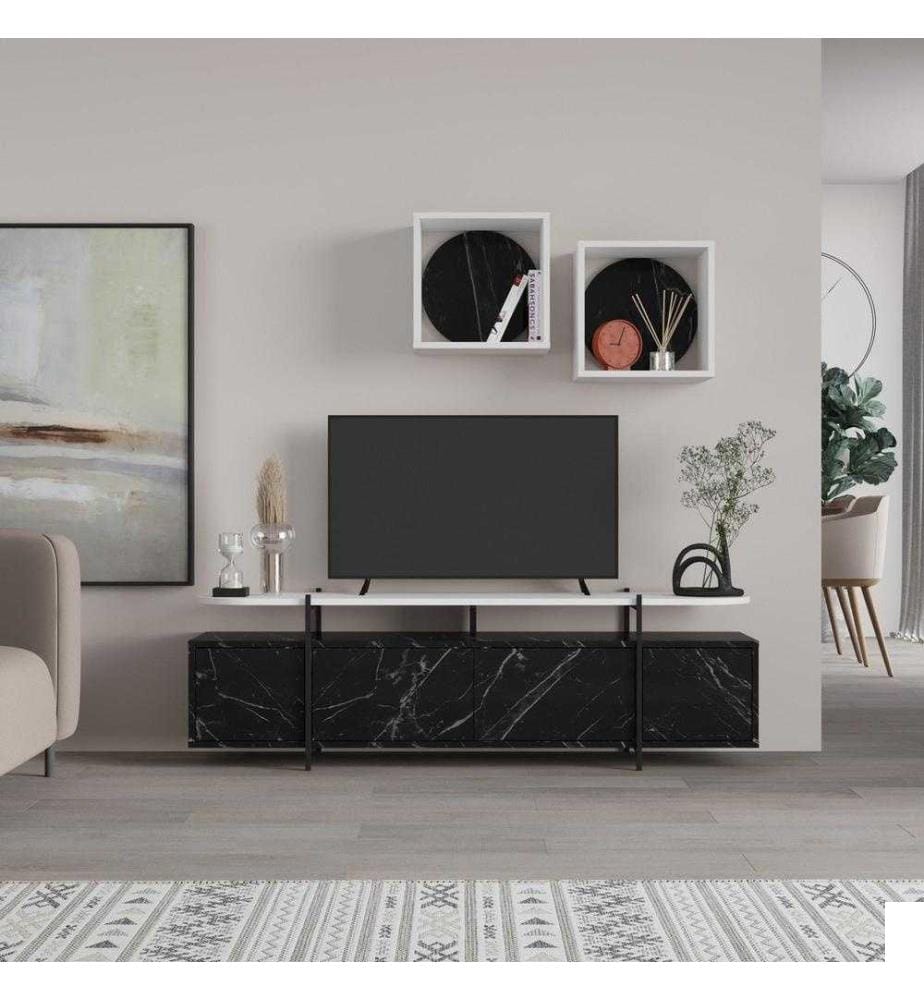 Meuble TV, Noir Blanc, Panneau de particules mélaminé