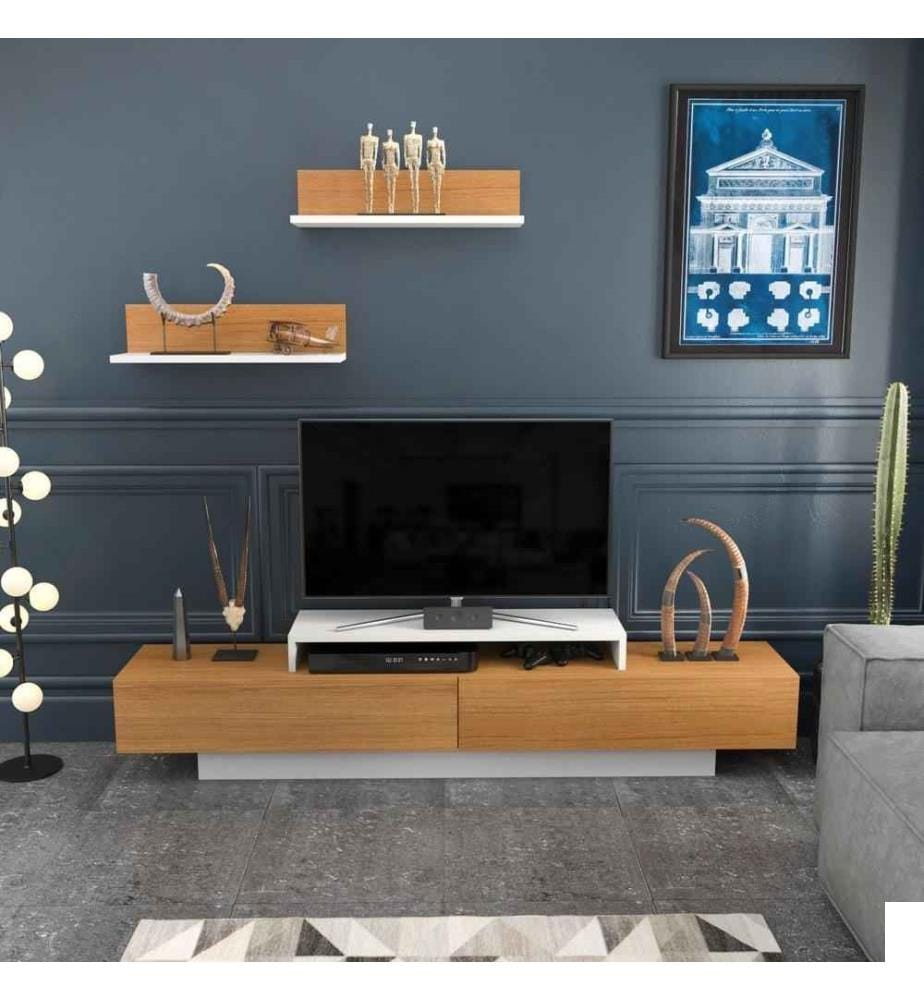 Meuble TV, teck blanc, panneau de particules mélaminé