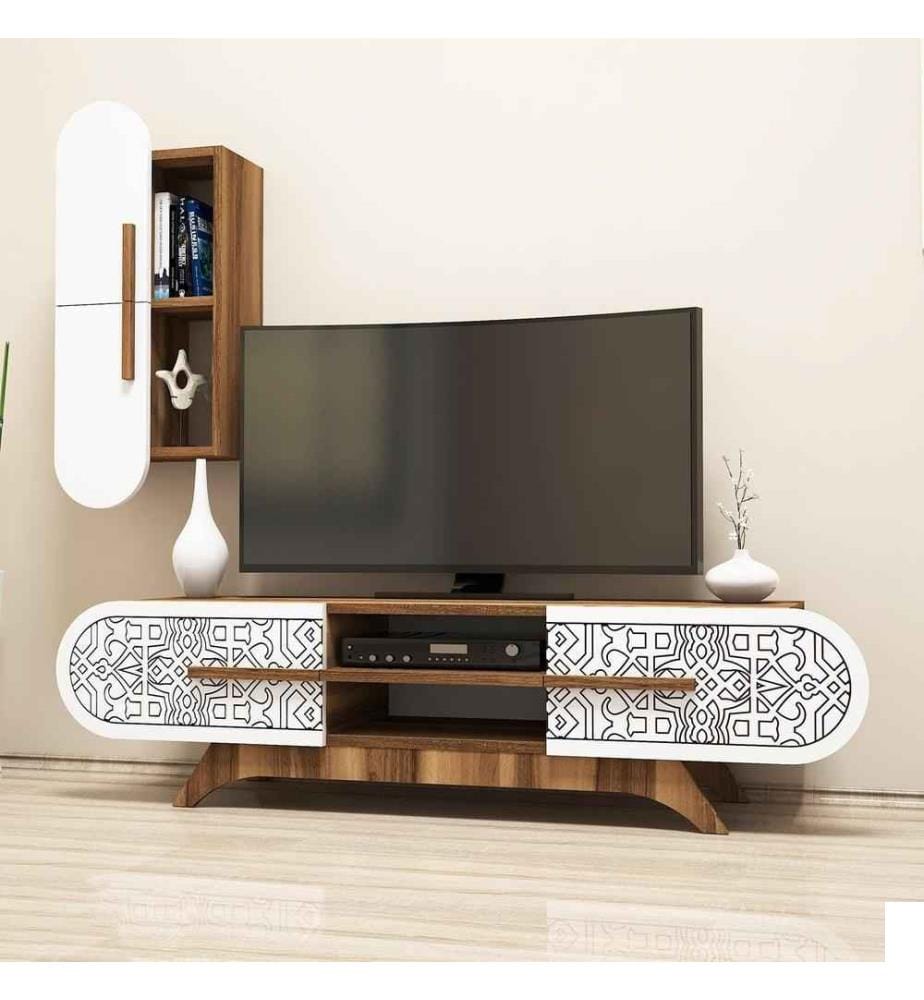 Meuble TV, Noyer blanc, Panneau de particules mélaminé