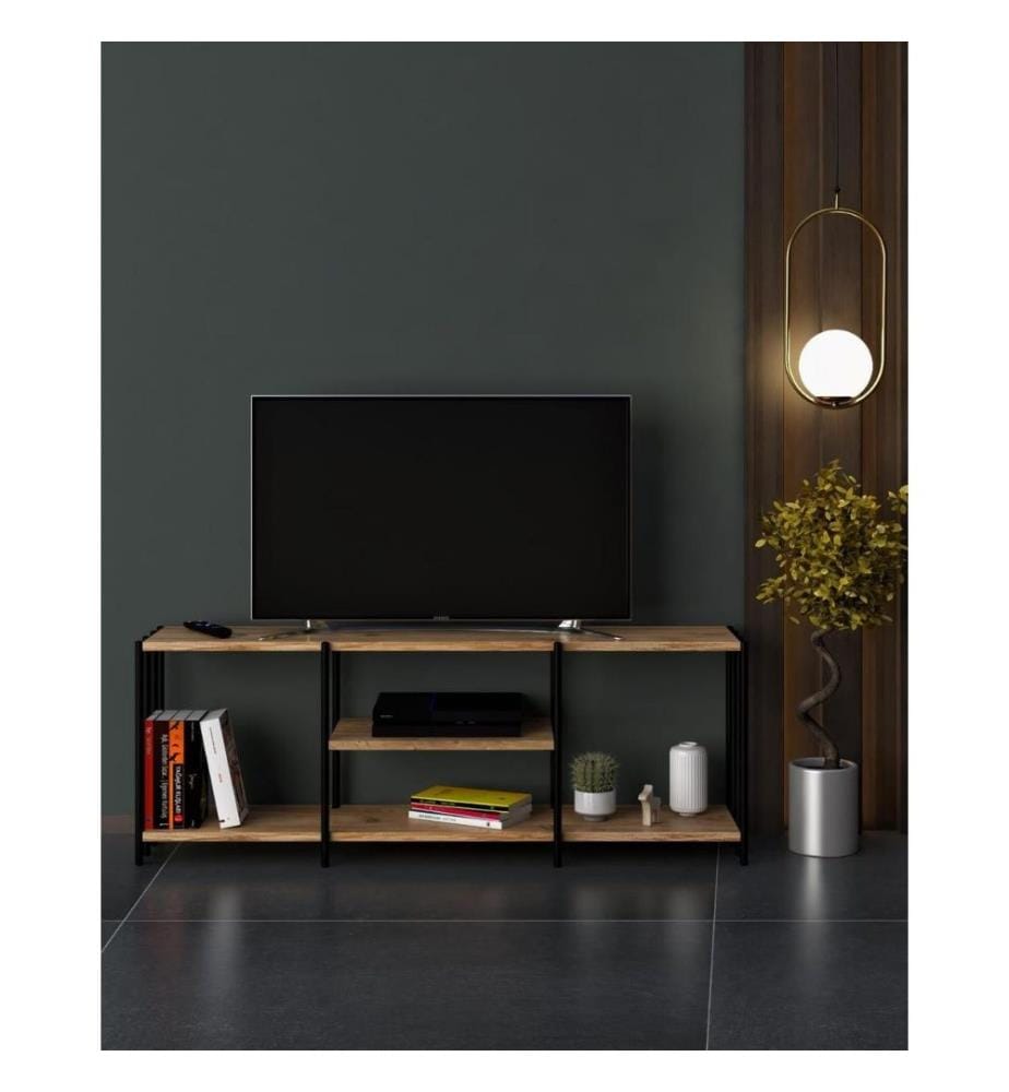 Meuble TV, noir, panneau de particules mélaminé, cadre métallique