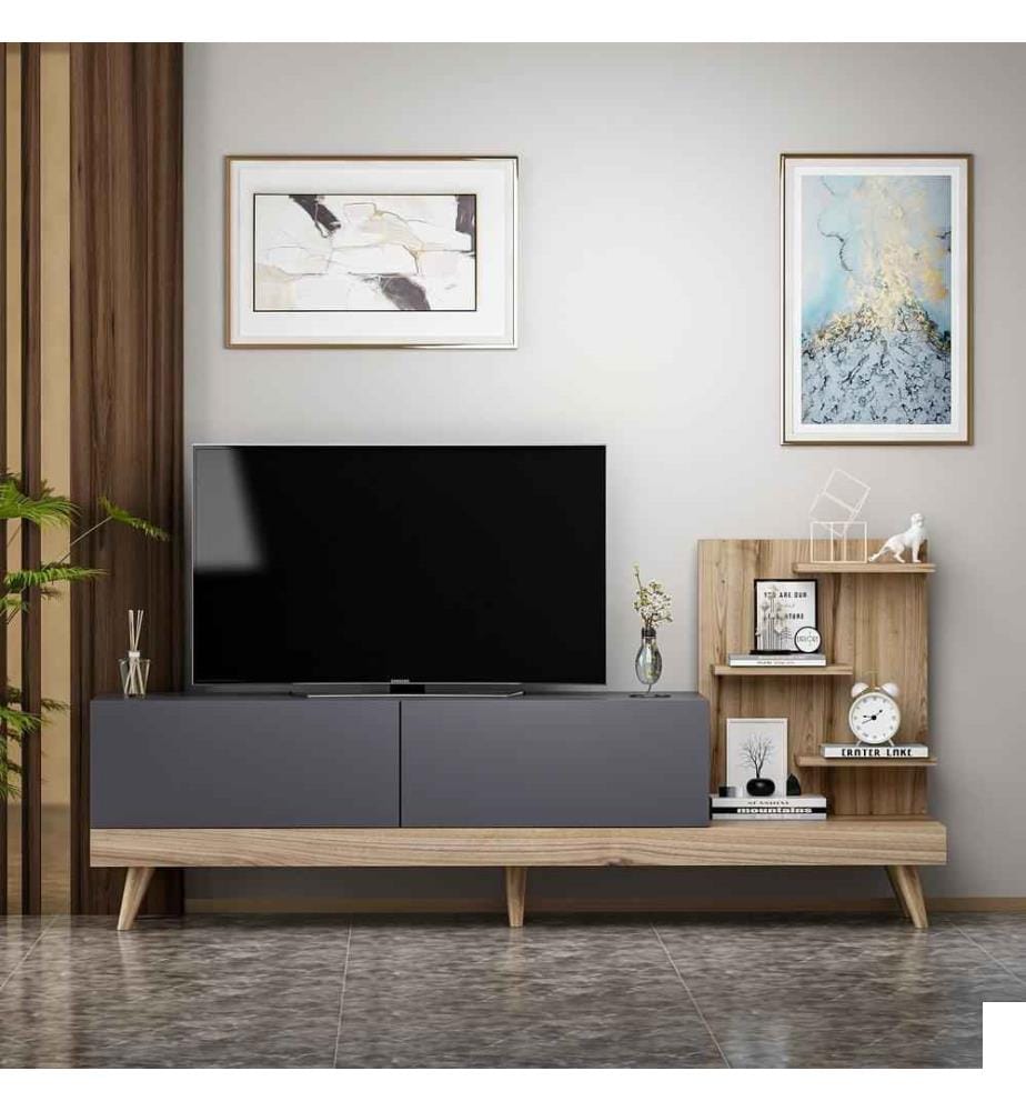 Meuble TV, Noyer Anthracite, Panneau de particules mélaminé