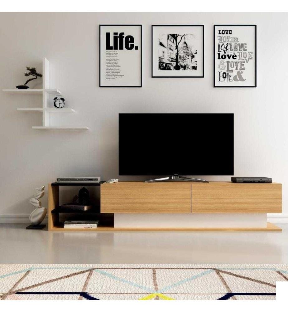 Meuble TV, teck blanc, panneau de particules mélaminé