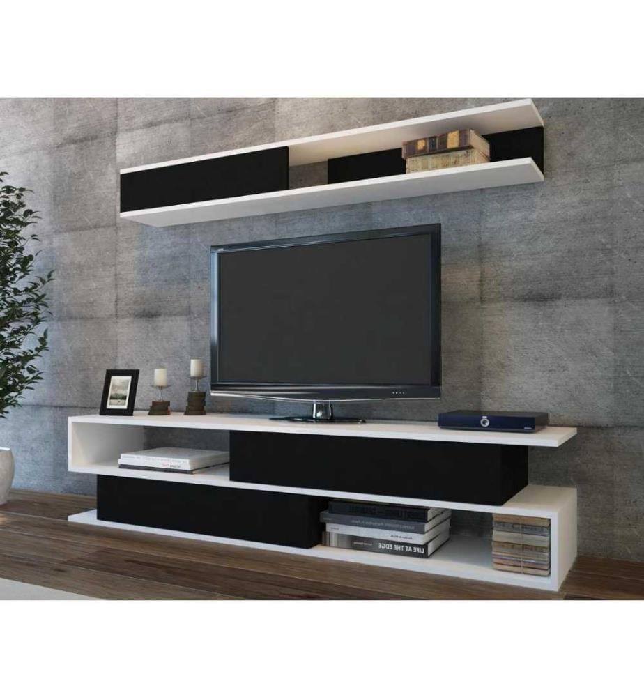 Meuble TV, Blanc Noir, Panneau de particules mélaminé