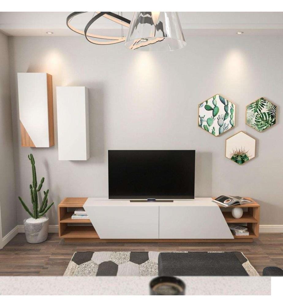 Meuble TV, teck blanc, panneau de particules mélaminé