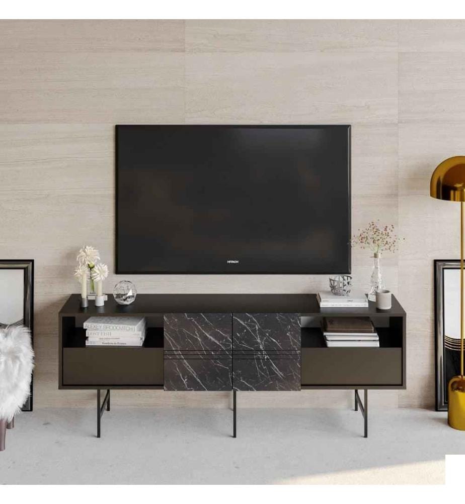 Meuble TV, marbre noir, panneau de particules mélaminé