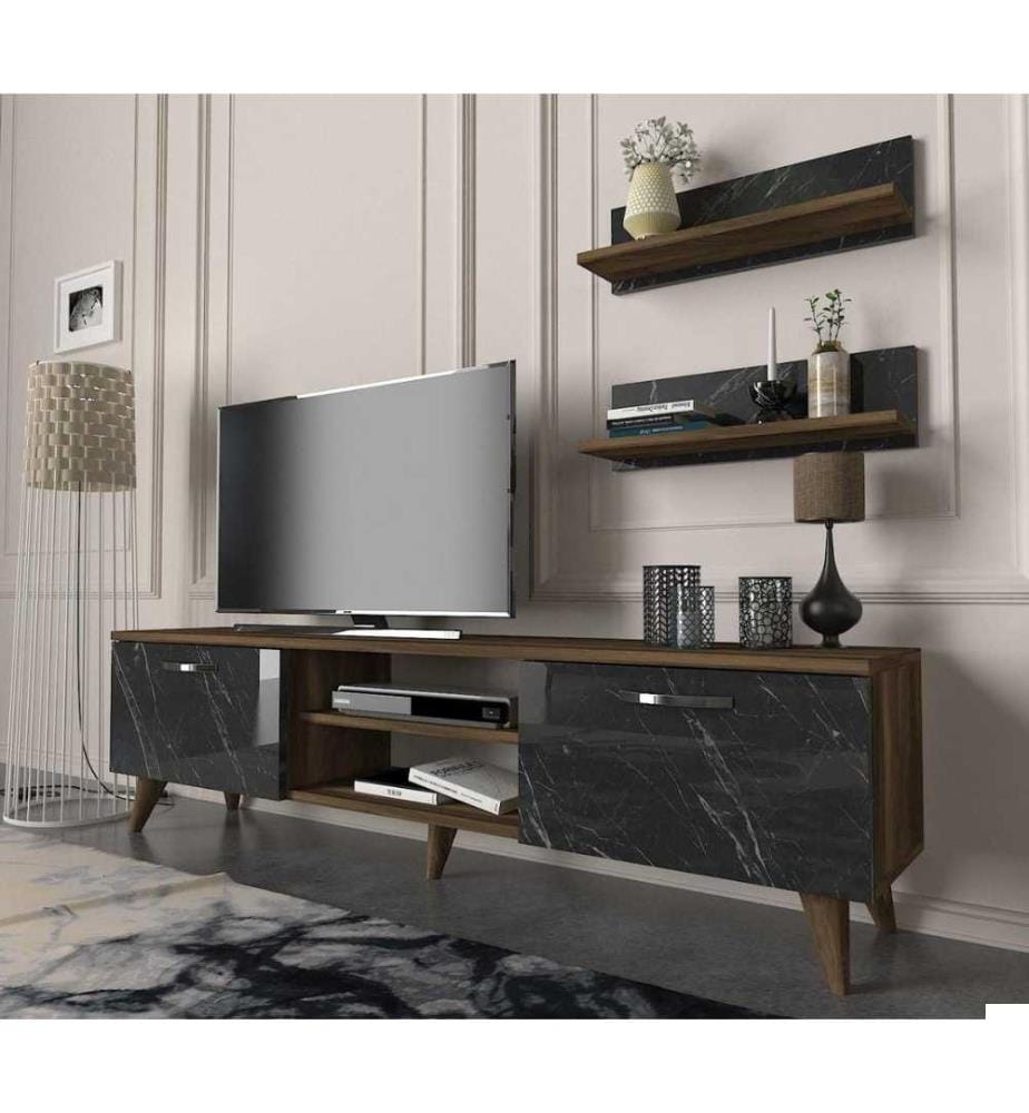 Meuble TV, marbre noyer, panneau de particules mélaminé
