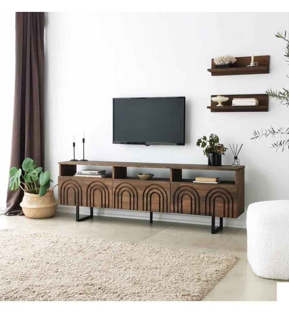 Meuble TV, noyer, pin massif, cadre métallique