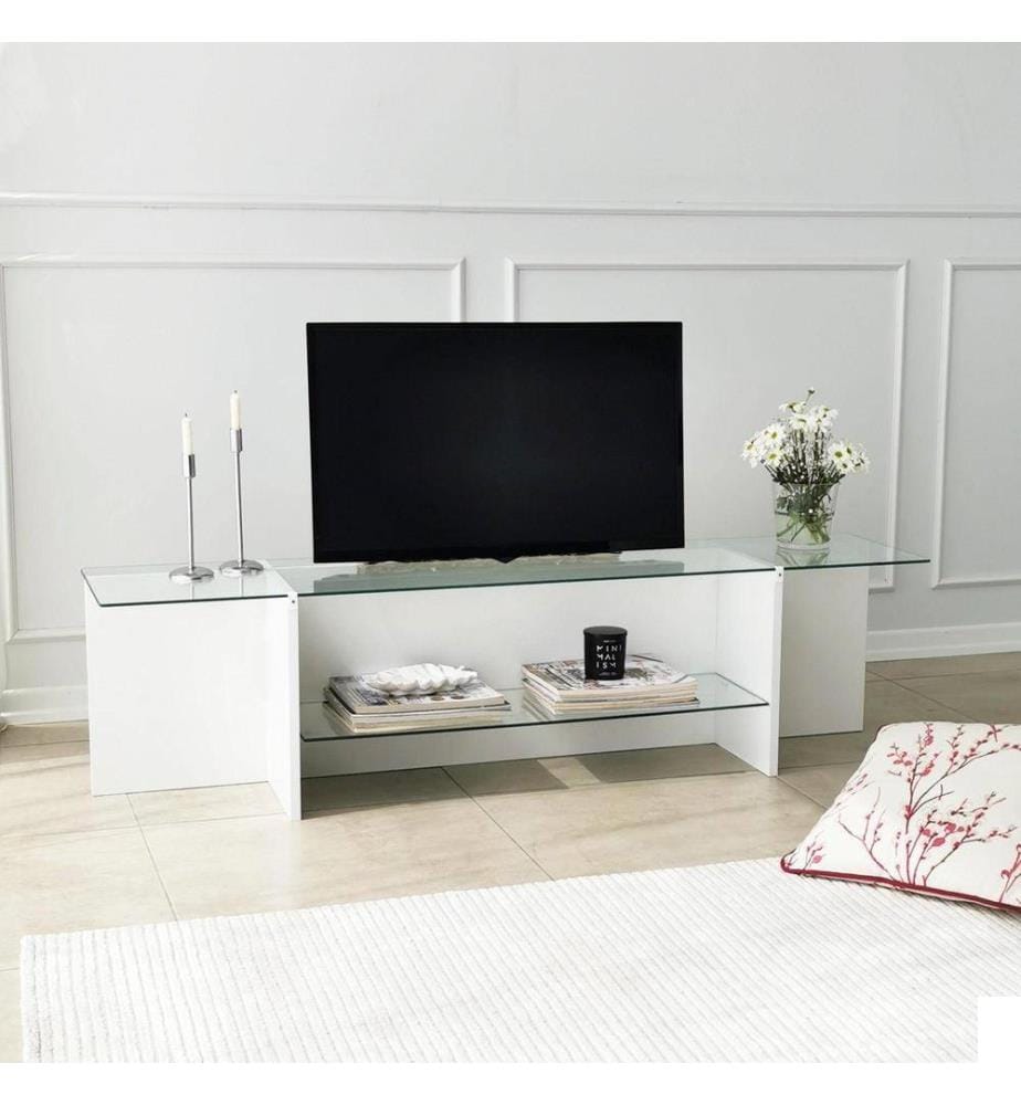 Meuble TV, blanc, verre trempé, cadre en panneaux de particules mélaminés