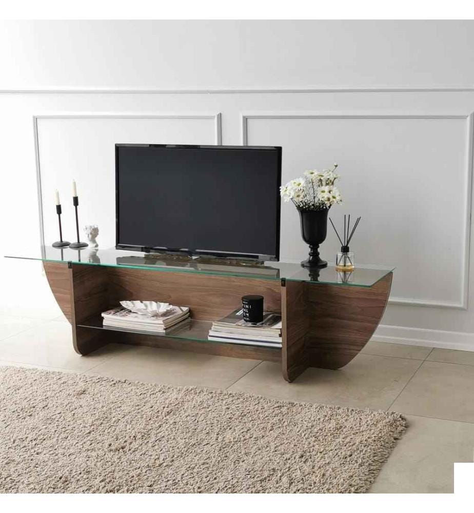 Meuble TV, noyer, verre trempé, cadre en panneaux de particules mélaminés