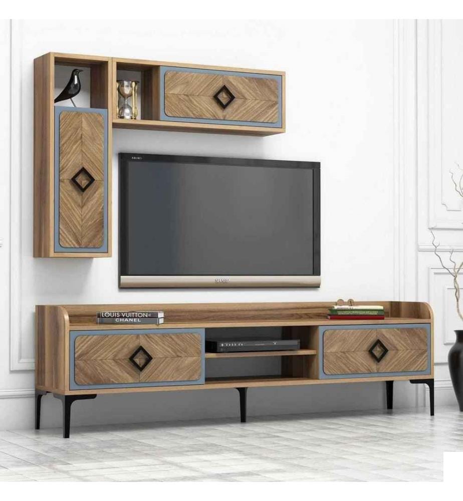 Meuble TV, bleu noyer, panneau de particules mélaminé