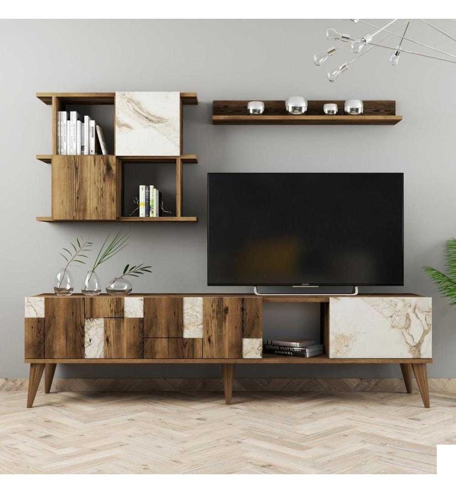Meuble TV, noyer blanc, panneau de particules mélaminé