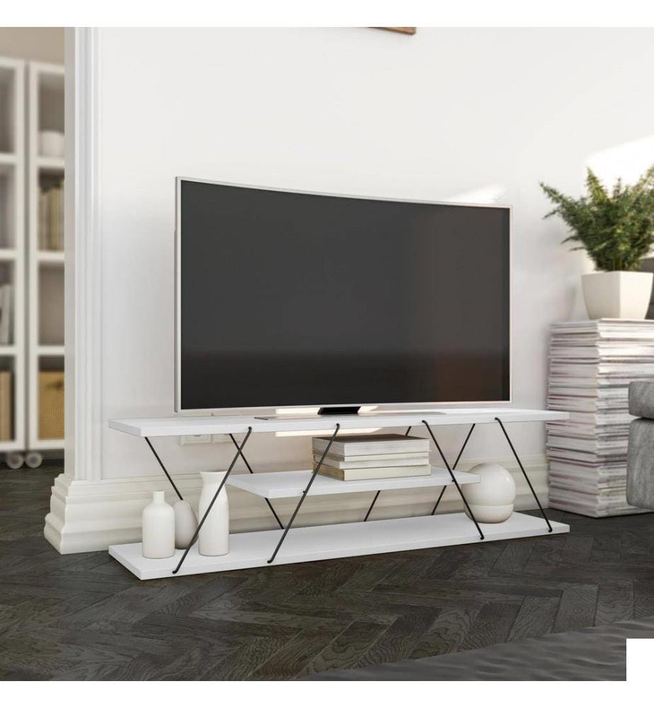 Meuble TV, Blanc Noir, Panneau de particules mélaminé, Cadre métallique