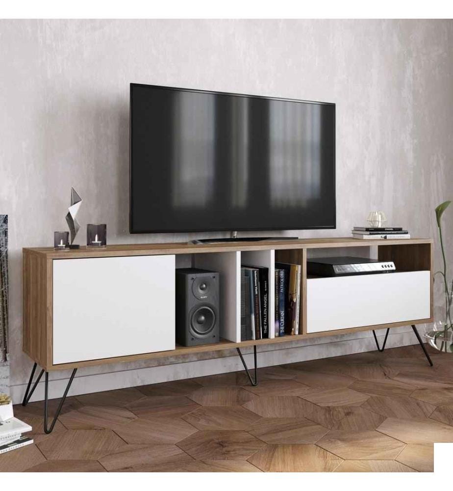 Meuble TV, Noyer Noir Blanc, Panneau de particules mélaminé