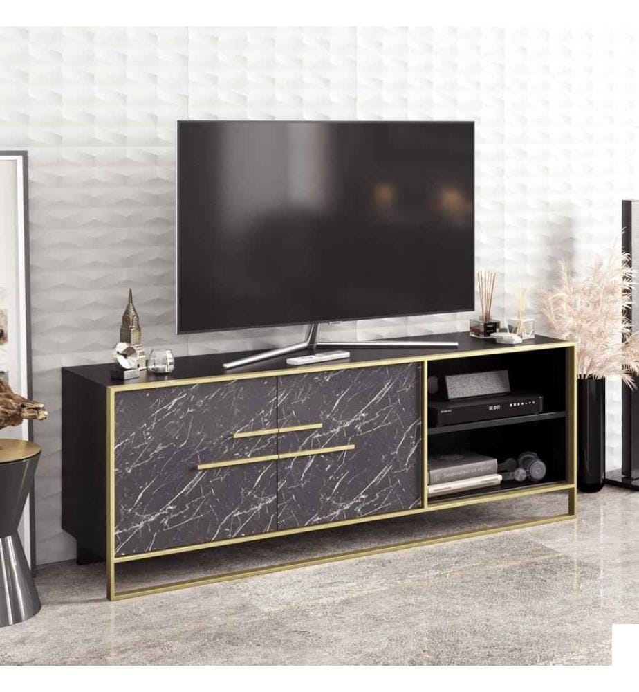 Meuble TV, Noir doré, panneau de particules mélaminé, partie métallique dorée