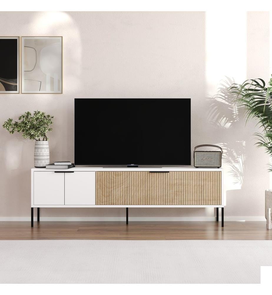 Meuble TV, blanc, rotin, PANNEAU DE PARTICULES ENTIÈREMENT RECOUVERT DE MÉLAMINE