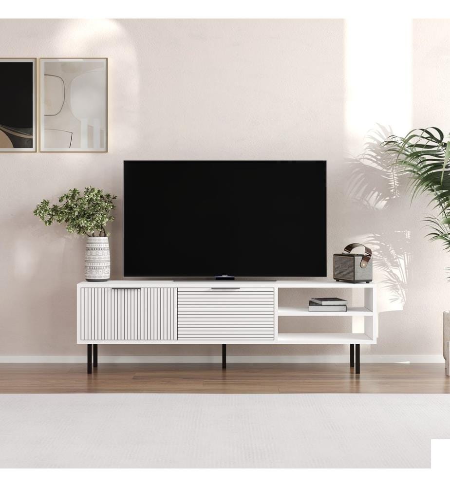 Meuble TV, blanc, PANNEAU DE PARTICULES ENTIÈREMENT RECOUVERT DE MÉLAMINE
