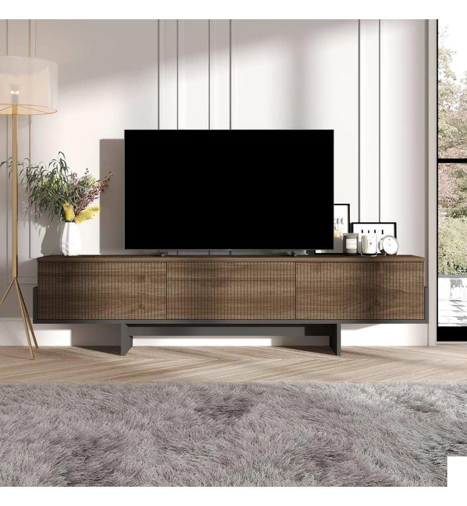Meuble TV, noyer, noir, PANNEAU DE PARTICULES 100 % REVÊTU DE MÉLAMINE