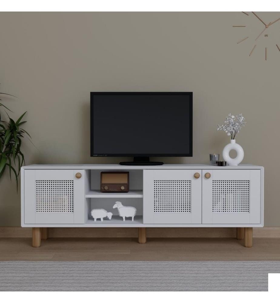 Meuble TV, blanc, PANNEAU DE PARTICULES ENTIÈREMENT RECOUVERT DE MÉLAMINE